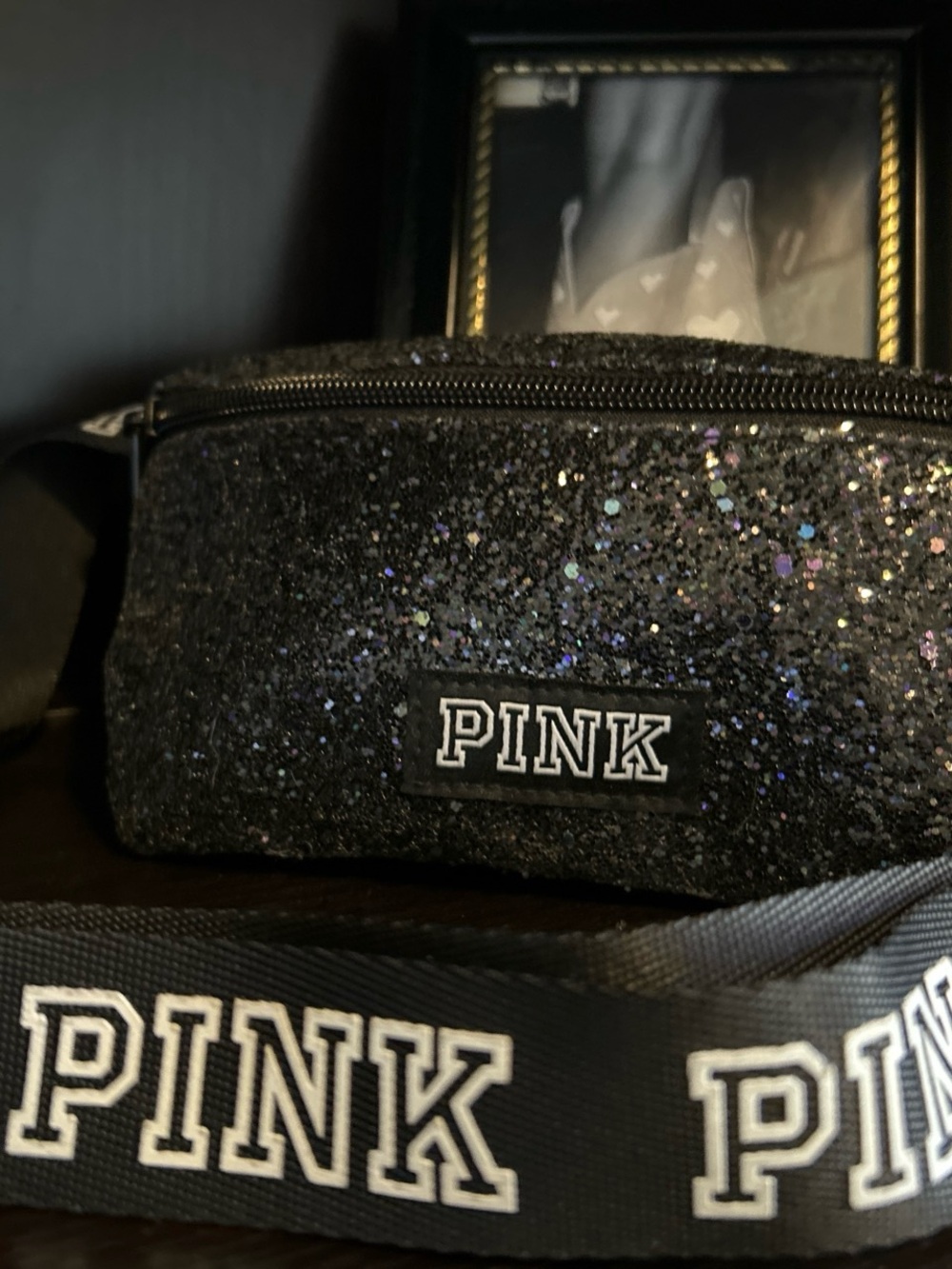 PINK Victoria's Secret Black Glitter Crossbody with Branded Strap